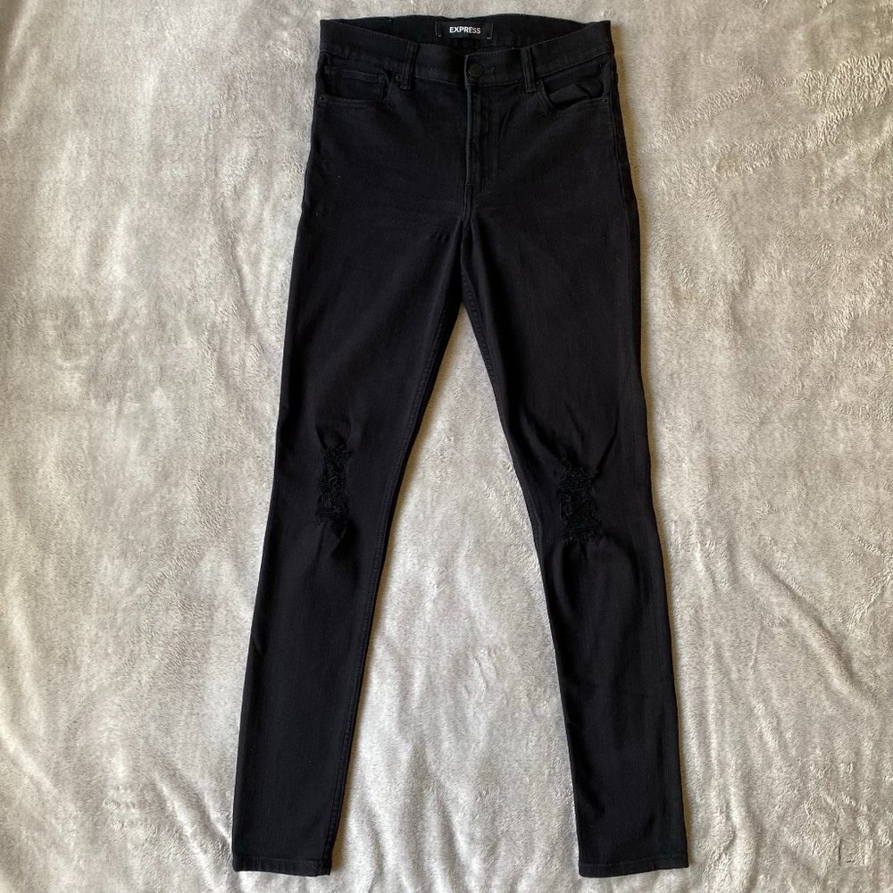 Express High Rise Black Skinny Jeans with Distressed Details